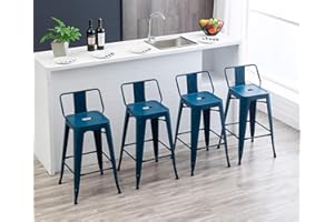 HAOBO Home 26" Metal Bar Stools Industrial Barstools Counter Height Stools for Indoor/Outdoor Barstools [Set of 4] (26", Low Back Distressed Navy)