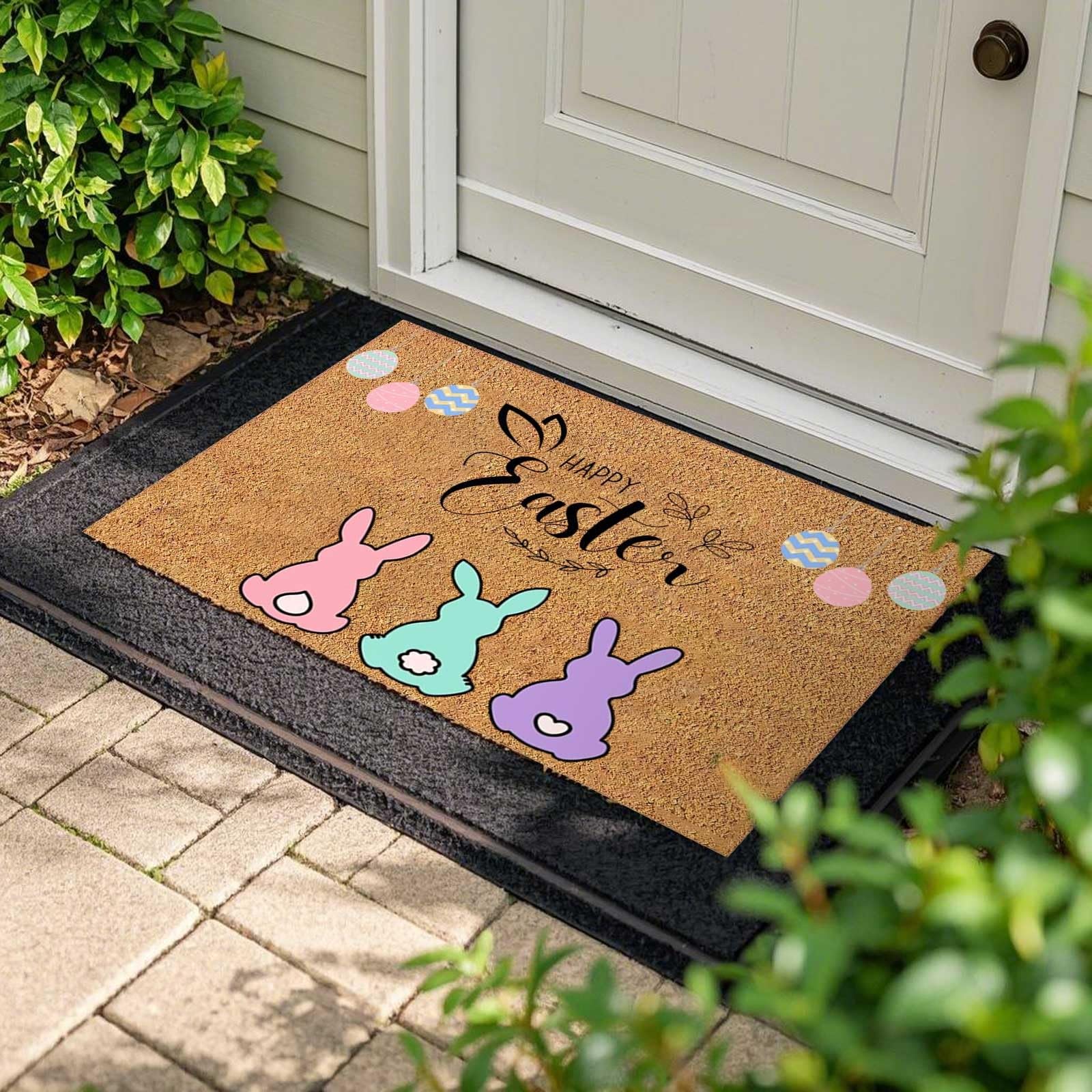 Easter Decorations,Coir Easter Bunny Door Mat,Happy Easter Front Door Rugs,Non Slip Doormat for Outdoor Indoor for Entryway, Easter Egg Door Mats for Living Room Kitchen Decor Easter Gifts - Image 4