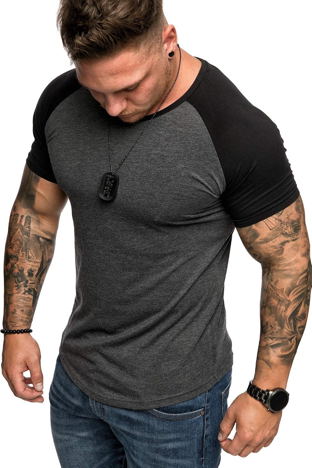Amaci&Sons Oversize Herren Slim-Fit V-Neck T-Shirt – Aus 100% Baumwolle, Navyblau, Größe M