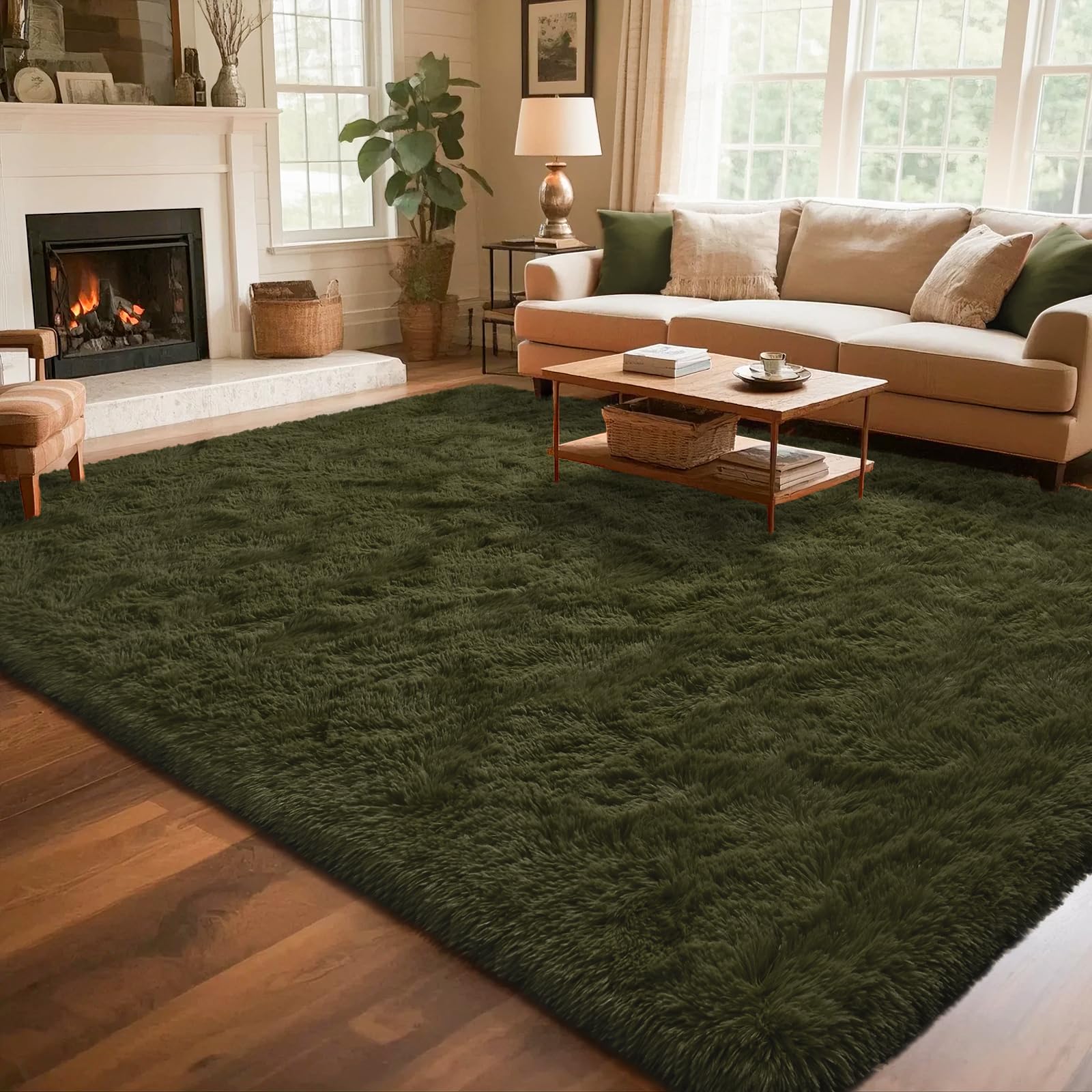 Photo 1 of Rtizon Shag Area Rug for Bedroom, 6x9 Feet Fluffy Rugs for Living Room, Plush Carpet with Non-Slip Bottom for Office Girls Boy's Bed Bedside Nursery Room, Olive Green