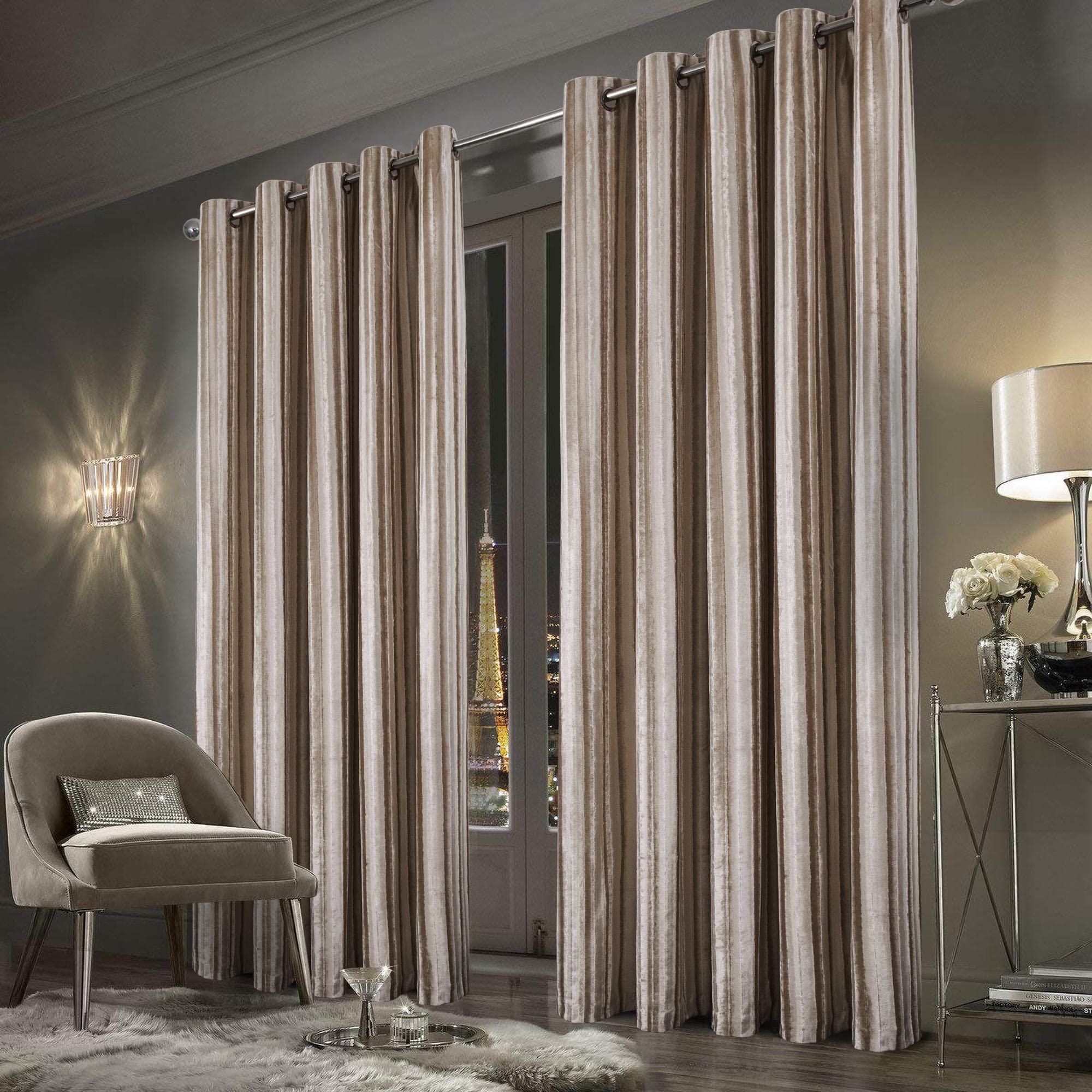 always4u Crushed Velvet Curtains Luxury Line Pattern Curtain Eyelet Thermal Dark for Living Room Window Treatments Champagne A Pair 46 * 54
