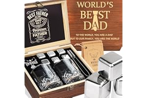 Oaksea Birthday Gifts for Men Dad Gifts for Fathers Day, Anniversary Unique Gifts for Him, Stainless Steel Engraved Worlds Best Dad Whiskey Stones Glasses Set, Cool Set Mancave