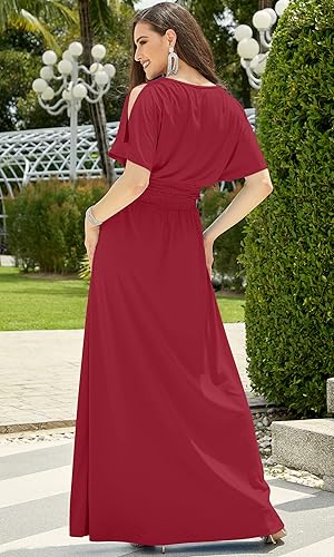 KOH KOH Womens Long Flowy Short Sexy Slit Sleeve Casual Summer Modest Full  Floor Length Boat Neck Soft Tall Mother Bride Groom Maxi Dress Dresses Gown  Gowns, Red S 4-6 in Dubai -