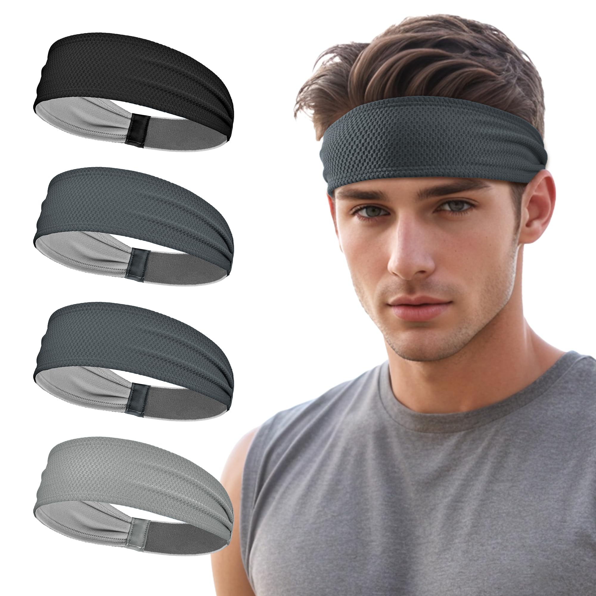 Photo 1 of Sukeen Sports Headbands for Men 4 Pack, Moisture Wicking Sweat Bands Headbands Non-Slip, Breathable Elastic Sweatband, Running Headband for Yoga Tennis Fitness Workout, Black/Dark Gray/Gray