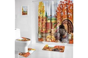 APROPHIC Fall Thanksgiving Turkey Shower Curtain Sets, Maple Leaves Pumpkin Bathroom Sets with Shower Curtain and Rugs, Memory Foam Bath Mat, Non-Slip Absorbent U-Shaped Mat, Soft Toilet Cover Seat