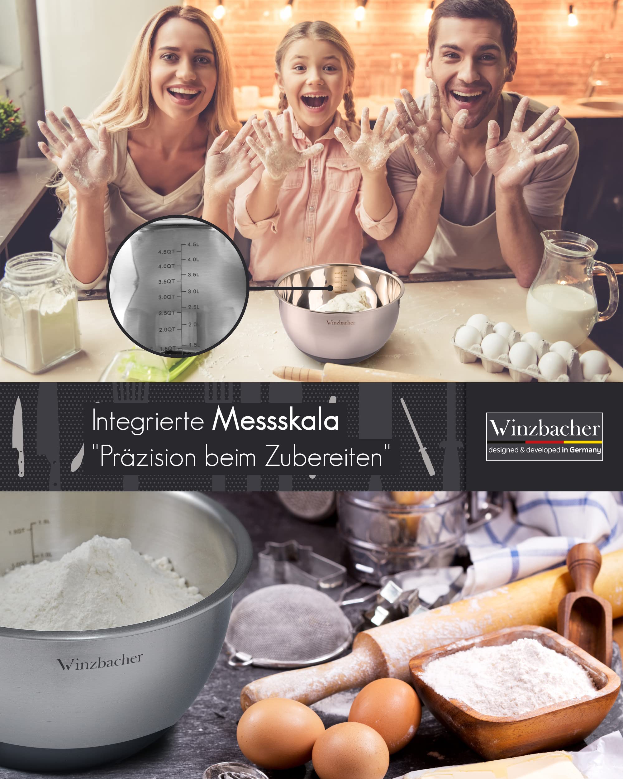 Winzbacher Edelstahl Schüssel mit Deckel [5er Set] 1l + 1.5l + 2.5l + 3.5l + 4.5l | Rührschüssel, Salatschüssel, Schüsselset, | rutschfest | stapelbar | inkl. Reibe 5