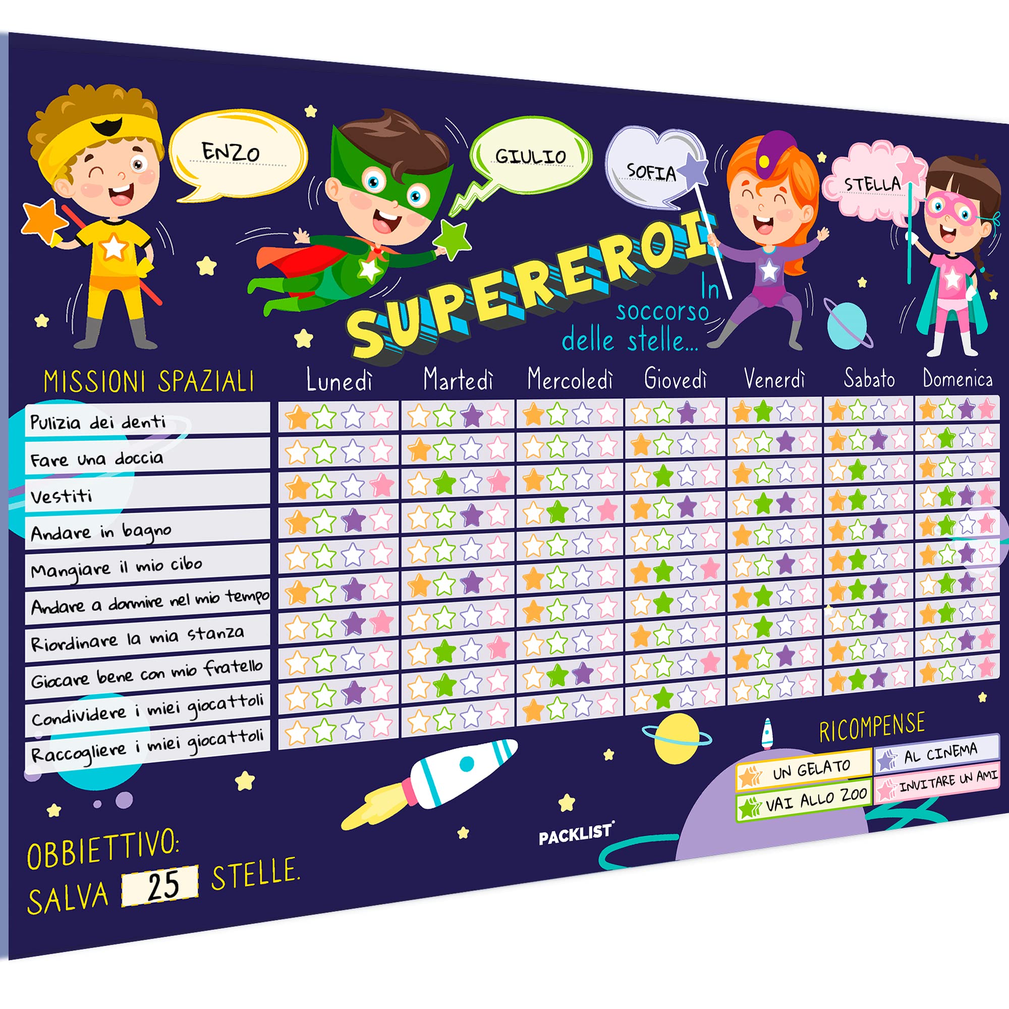 PACKLIST Tabella Delle Ricompense per Bambini Italiano - Tabellone Ricompense Supereroi in Soccorso Delle Stelle - Apprendimento Positivo con Risultati Dalla Prima Settimana - Prodotto Eco 100% Carta
