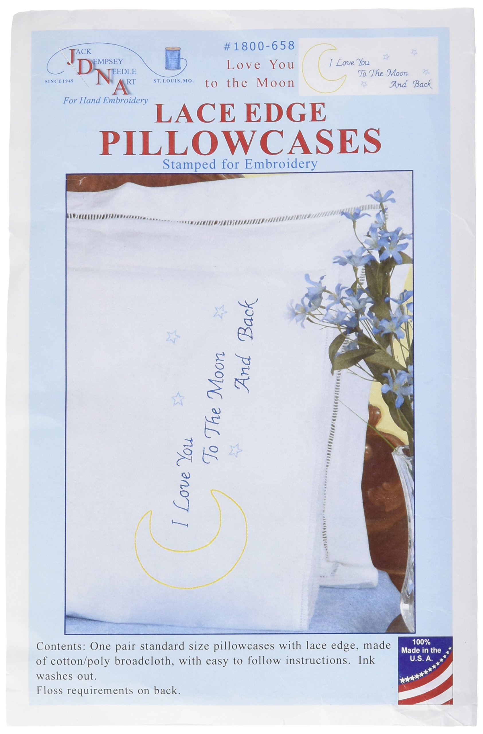 Jack Dempsey Stamped Pillowcases with White Lace Edge-Love You to The Moon, Other, Multicoloured, 13.97x21.59x2.54 cm