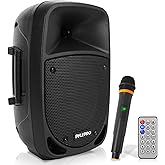 Pyle 800W Portable Bluetooth PA Speaker - 8’’ Subwoofer, LED Battery Indicator Lights w/ Built-in Rechargeable Battery, MP3/USB/SD Card Reader, and UHF Wireless Microphone - Pyle PSBT85A,Black
