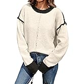 SunnyMelody Womens Oversized Cute Color Block Crew Neck Sweater 2025 Winter Long Sleeve Trendy Ribbed Knit Pullover Sweaters