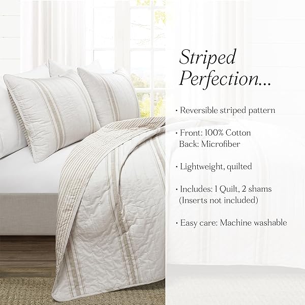 LUSH DECOR FARMHOUSE STRIPE REVERSIBLE COTTON QUILT QUEEN SIZE 3 PIECE SET FULL/QUEEN NEUTRAL – FARMHOUSE BEDDING SET QUEEN QUILT – STRIPED BEDDING