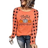 Thanksgiving Shirts for Women: Thankful Pumpkin Graphic T-Shirt Casual Turkey Fall Long Sleeve Tee Tops