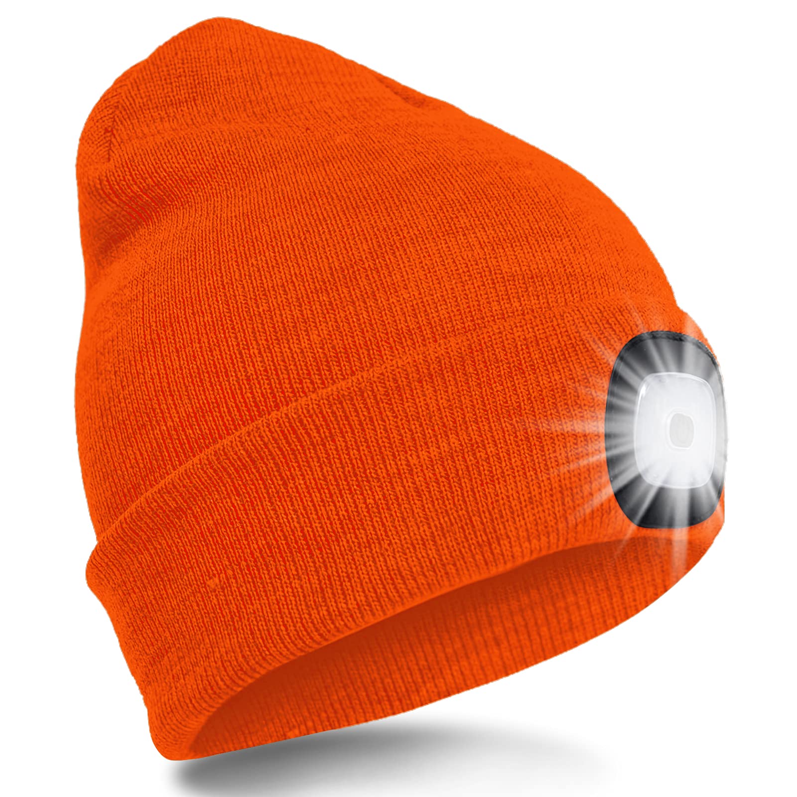 SPGOOD LED Lighted Beanie Cap USB Rechargeable 4 LED Bright Headlamp Winter Warmer Hat with 3 Brightness Levels Hands Free Multi-Color Unisex Light Lamp (Fluorescent Orange)