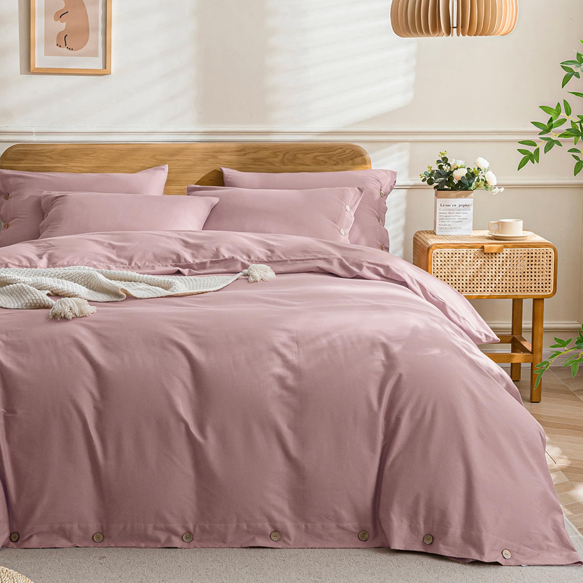 Photo 1 of **INCOMPLETE, MISSING COMFORTER** JELLYMONI Cotton Duvet Cover King Size - Pink Comforter Cover with Button 100% Washed Cotton 3PCS Breathable Soft Solid Bedding Set Duvet Cover 104×90in & 2 Pillowcases (NO Comforter)