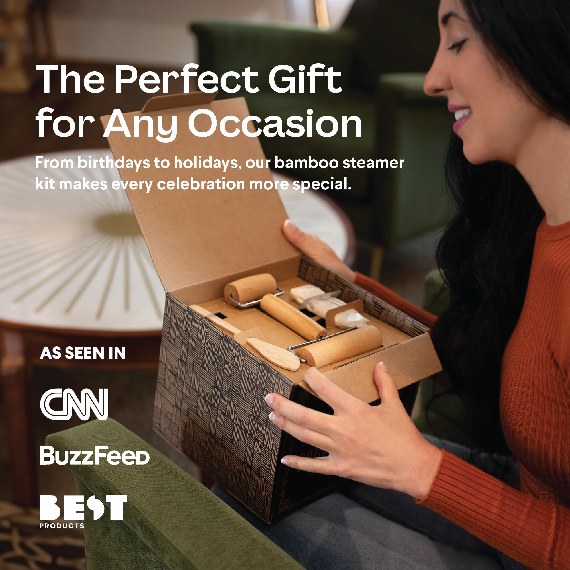 Cooking Gift Set Co. Bamboo Steamer Basket Soup Dumpling Kit - 2 Tier 8-Inch Dumpling Steamer for Cooking with Agar Agar, Roller, Spoon, Liners, Recipes & Step-by-Step Video (6-Piece Set)