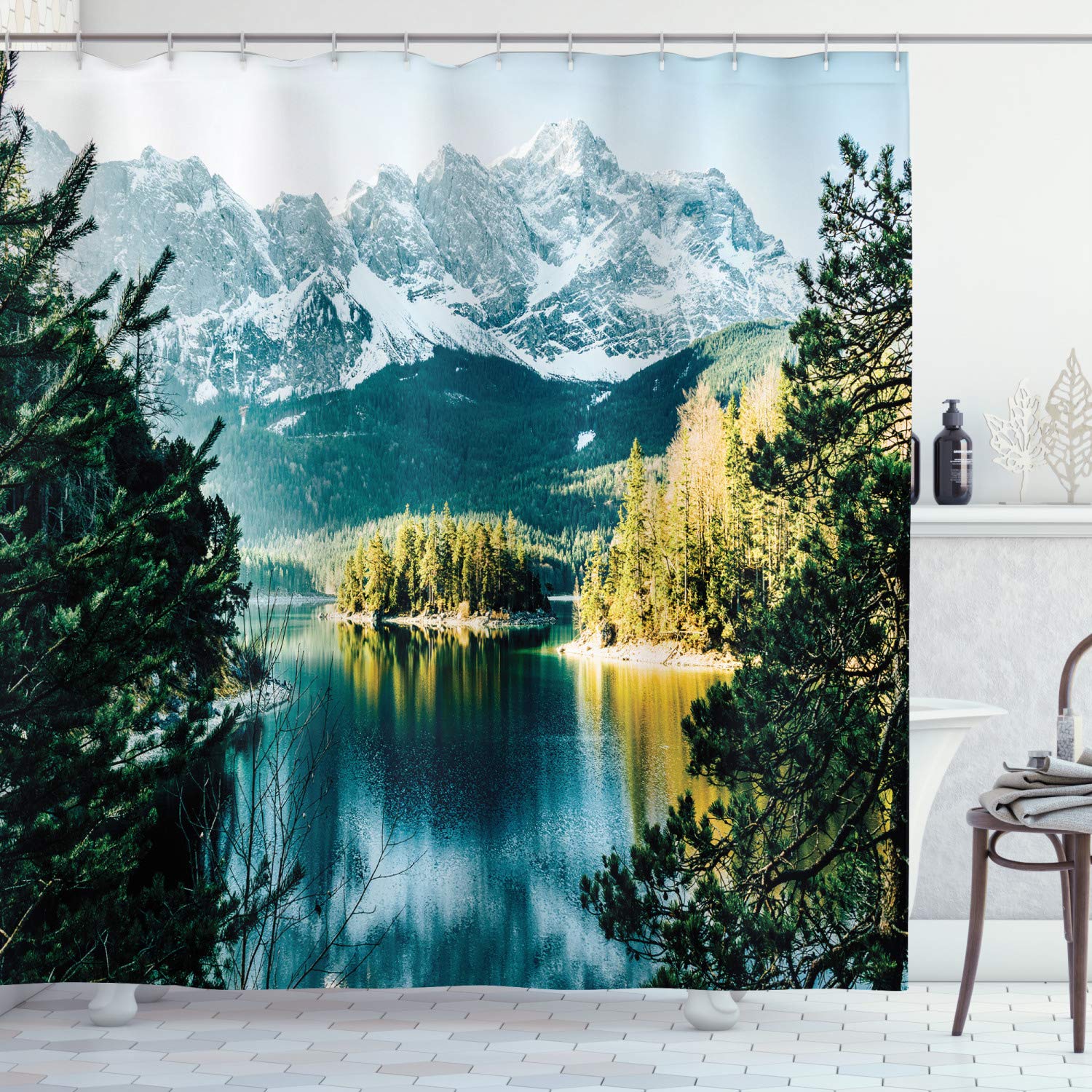 ABAKUHAUS Landscape Shower Curtain, Mountain Lake in Northern Germany Frozen Peaks Water Winter Season Life, Cloth Fabric Bathroom Decor Set with Hooks, 70 Inches, Green White