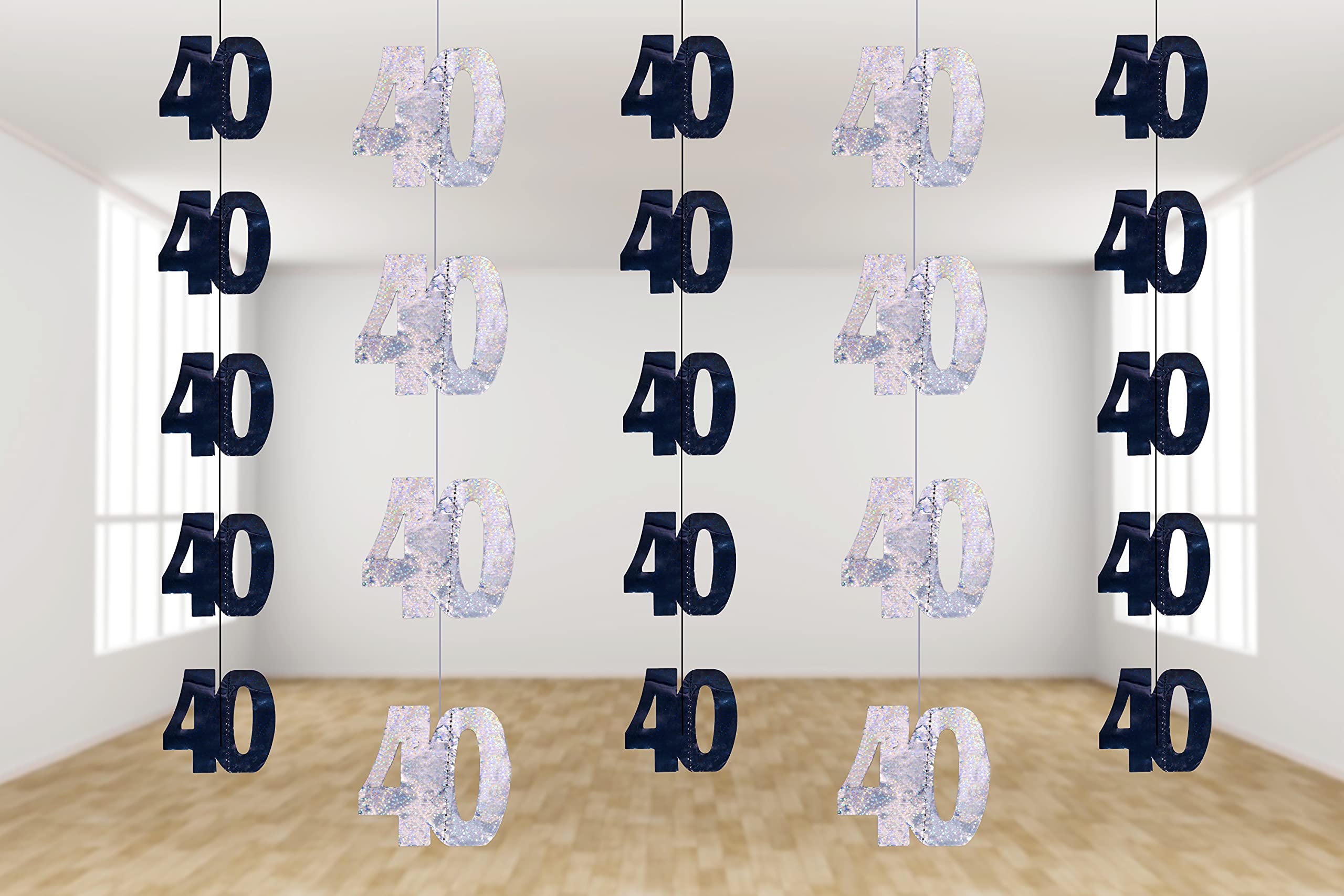 40th Glitz Black and Silver Anniversary Birthday Metallic Hanging String Shiny Foil Banner Party Door Wall Decorations Pack of 6