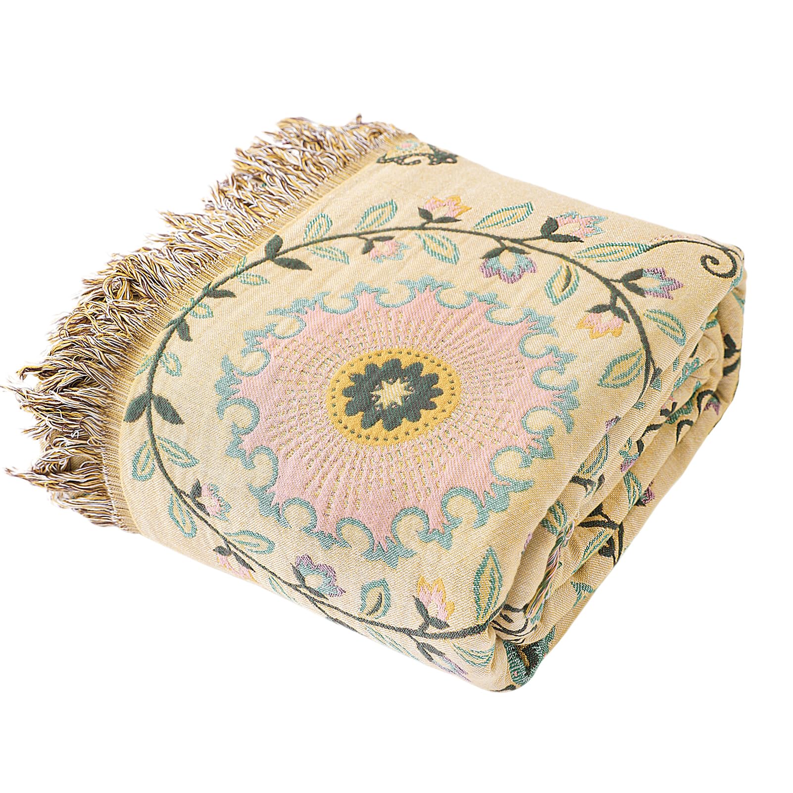 Snylcce Double-sided Bohemian Large Throw Blanket - 100% Organic Cotton Handwoven Bed & Sofa Throw, Cozy Boho Accent for 2-3 Seater Couches and Armchairs - 150x200cm, Vibrant Marigold-Green