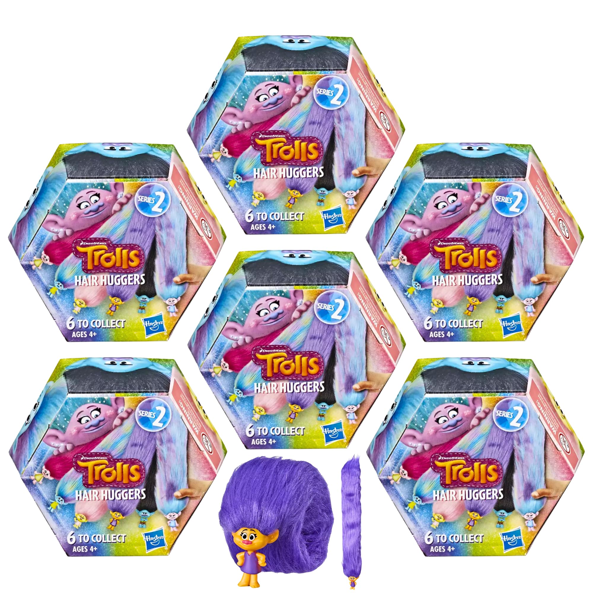 DREAMWORKS TROLLS Hair Huggers Series 2 Miniature Snap-On Toy Figure Blind Box - Pack of 6