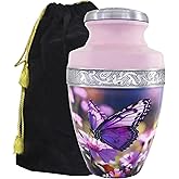 M MEILINXU Urn for Ashes for Woman & Male, Cremation Urns for Human Ashes Adult Female or Man, Burial Urns with Butterflies, Decorative Urn for Funeral, Purple Butterfly and Flowers - Large