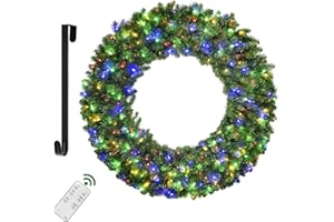 48in Large Christmas Outdoor Wreath - HOYECHI Lighted Wreaths Holiday Decor, Outdoor Wreath with 210 Colorful LEDs,714 PVC Tips, Metal Hook, 9 Functions, Timer, Power Plug-in, Remote Controls