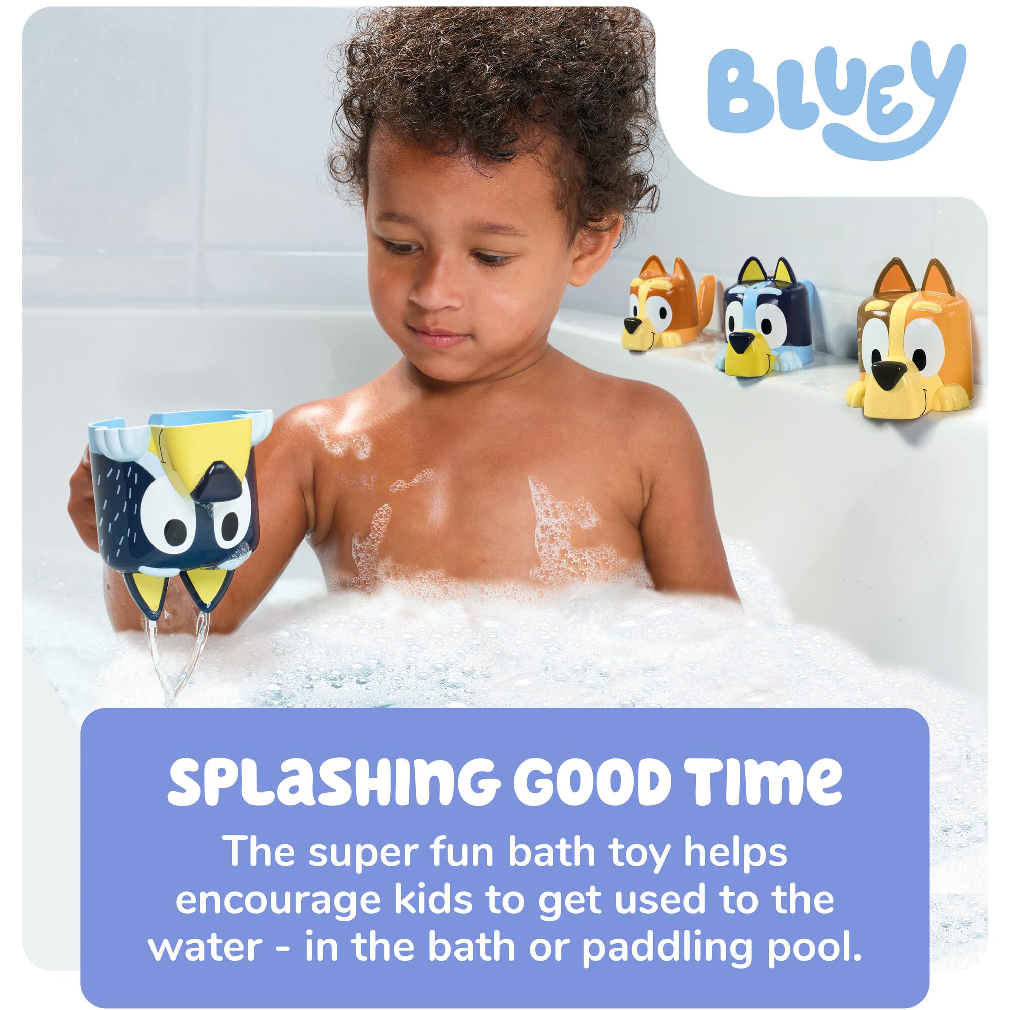 TOMY Toomies Bluey Bath Toys - Bluey's Family Pourers - Includes Chilli, Bandit, Bingo and Bluey Figures - Nesting and Stacking Cups for Bath, Beach or Pool - 4 Count - Ages 18 Months and Up