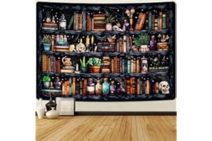 Uspring Bookshelf Tapestry Magical Book Tapestries Goth Skull Tapestry Vintage Botanical Tapestry Black Cat Wall Tapestry Hanging for Bedroom Home Decor (51.2 x 59.1inches)