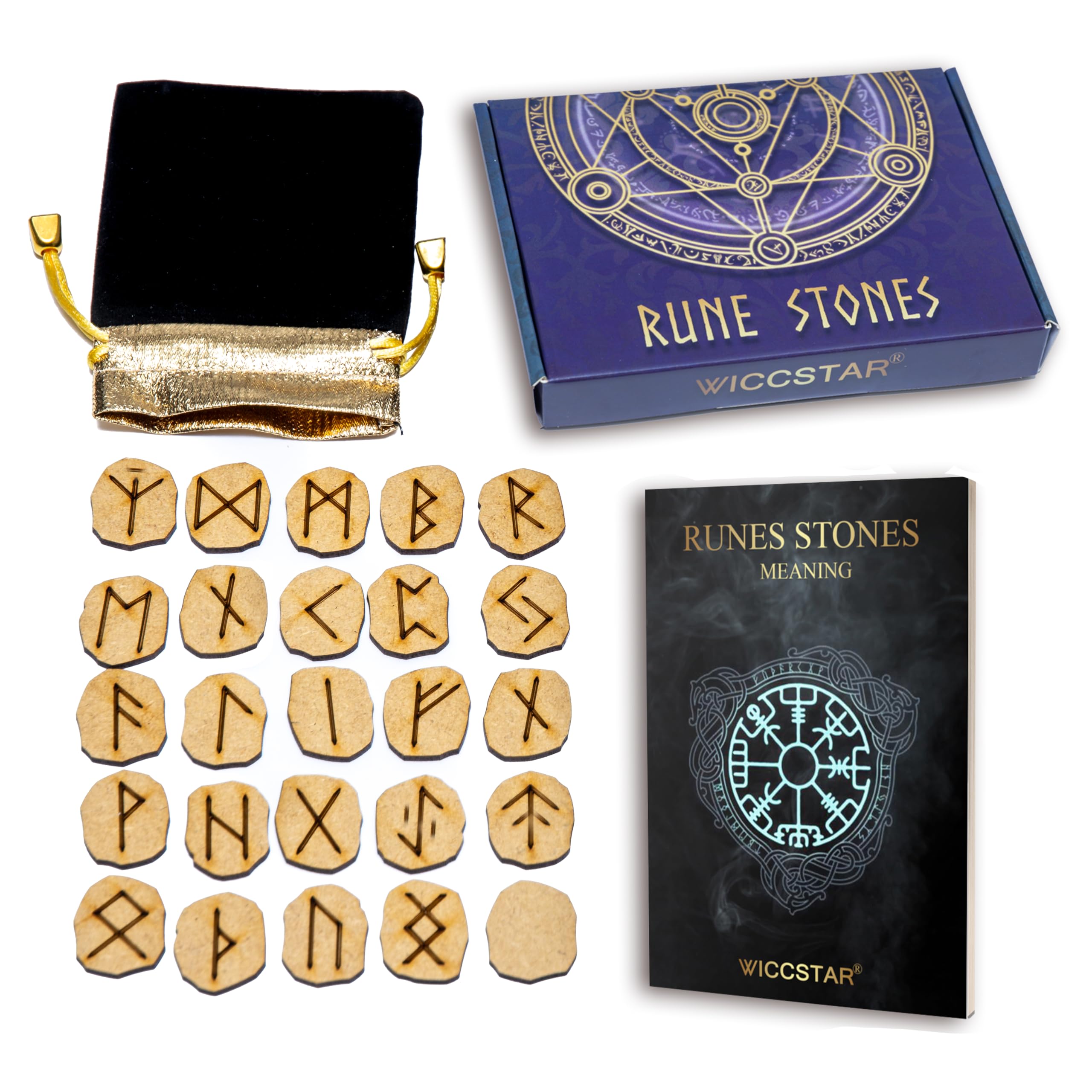 WICCSTAR Runes Stones set. Engraved 25 Pieces with 5 different layouts & Rune Meaning booklet