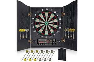 Yirinatek Electronic Dart Board, Decorative Dart Board Cabinet Set for Adults [12*Bronze Soft Tip Darts] [Cricket Game Mode]- Wooden Electric Dartboard Cabinet for Family Game Rooms