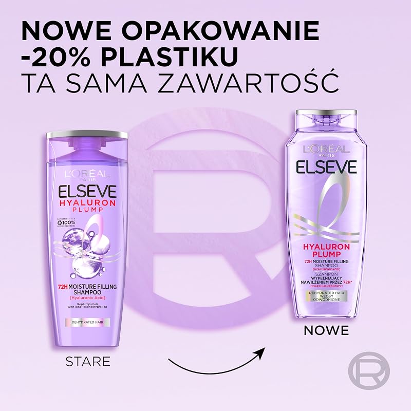 L'Oréal Paris Champú hidratante Elvital para cabello brillante y saludable, con ácido hialurónico para un impulso hidratante, Hydra Hyaluronic, 400 ml