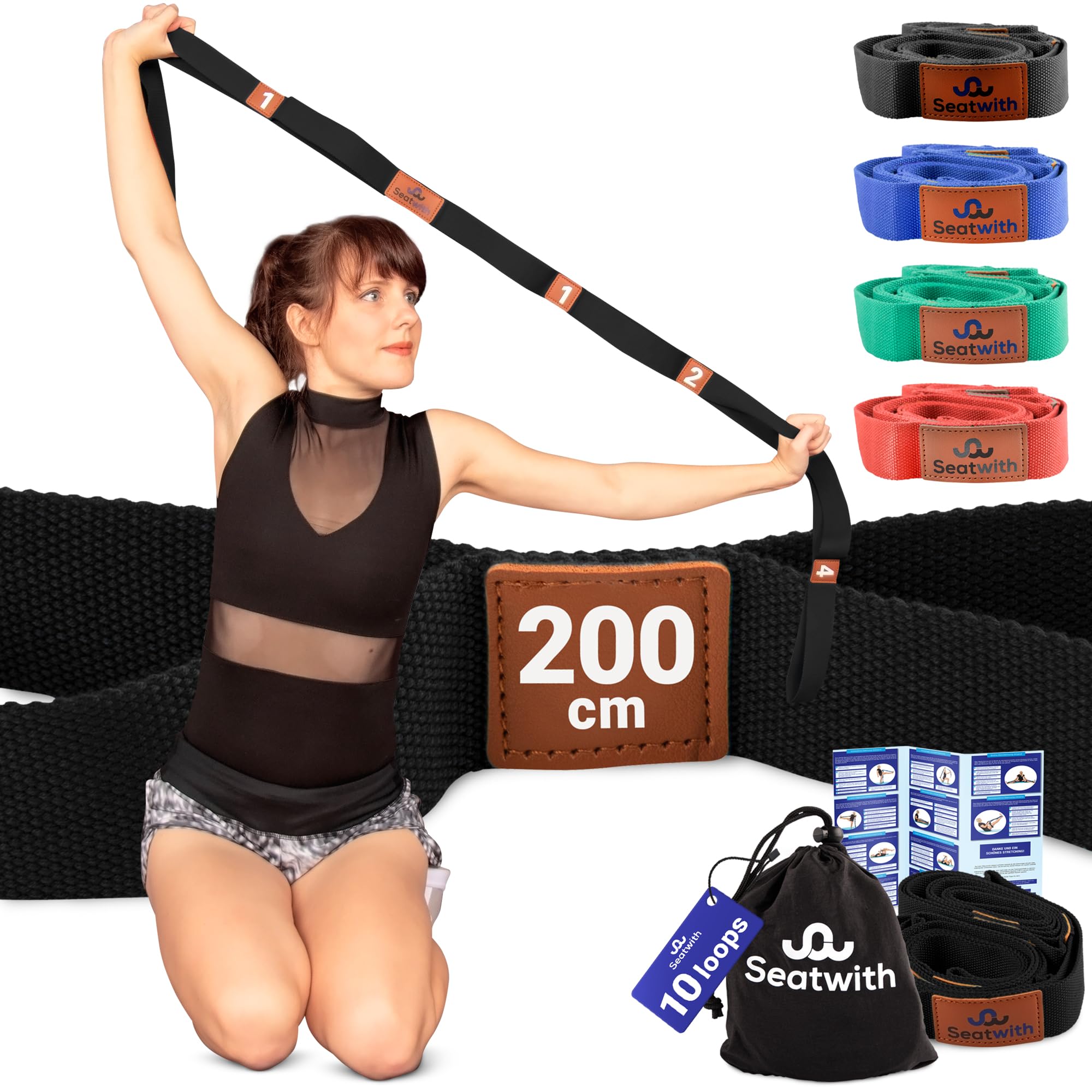Seatwith Yoga Strap with Metal D Buckle - Non-Elastic Yoga Belt for Maximum Stretch - Transport Bag + PDF Instructions for Yoga Stretching Strap - Yoga Straps for Stretching - Pilates Strap - BLACK — image 1