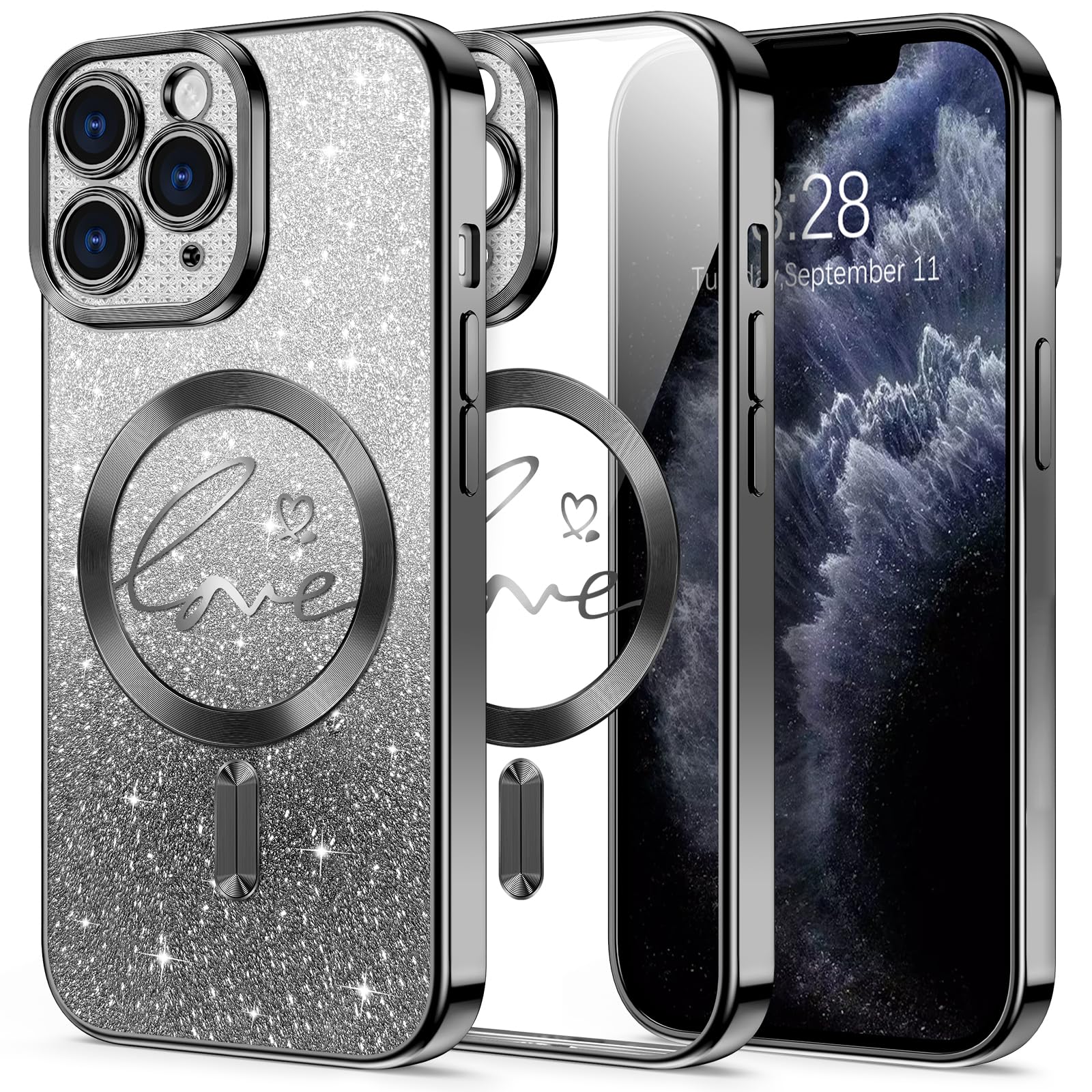 Hython for iPhone 11 Pro Case Glitter, Compatible with MagSafe Love Heart Magnetic Clear Phone Cases for Women Girls, Full Camera Protection Sparkle Plating Shockproof Protective Cover, Black