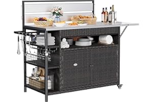 YITAHOME XL Outdoor Kitchen Wicker Island Rolling Cart & Storage Cabinet, Wheels and Stainless Steel Extended Table Top, Side Handle for Patio Kitchen or Bar Cart, Dark Brown