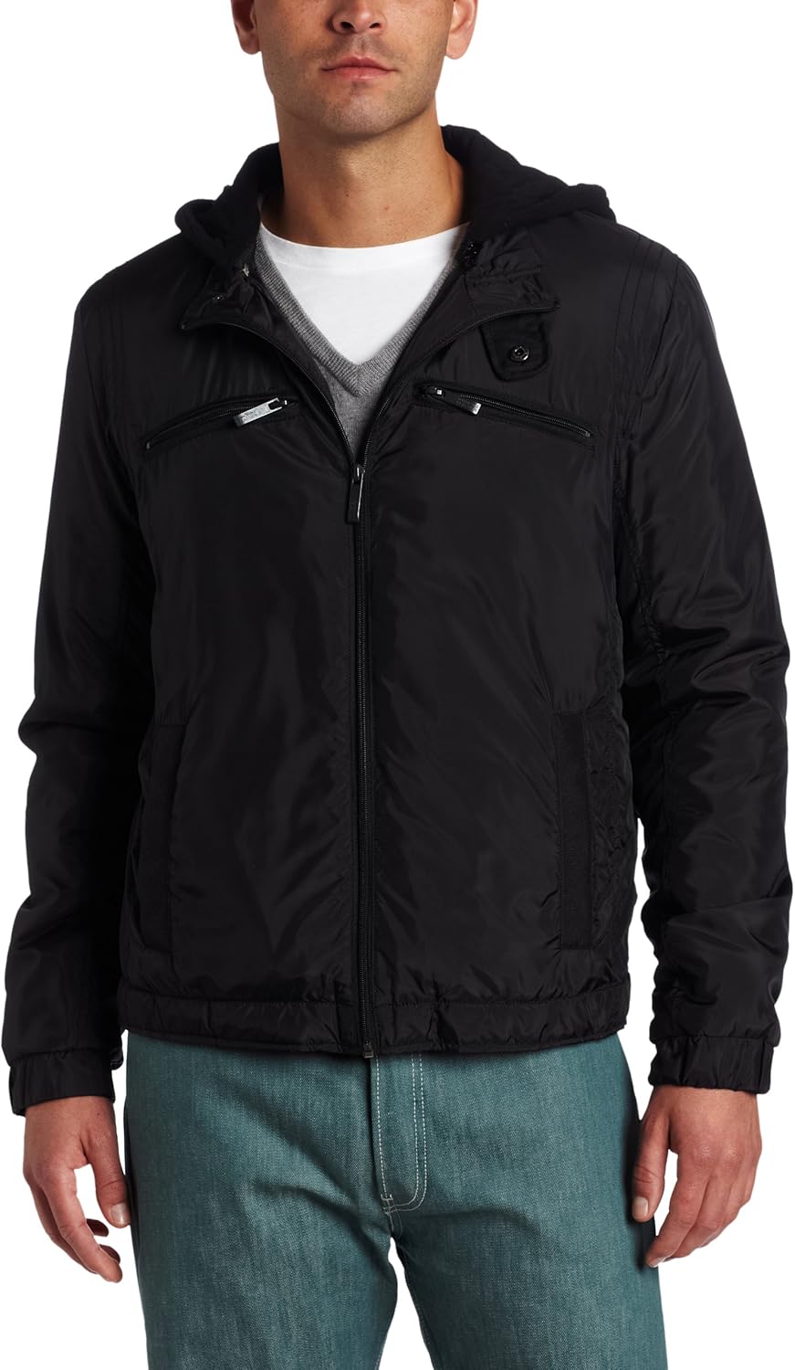 Kenneth Cole REACTION Men's Nylon Hoodie with Removable Fleece Hood, Black, Small at Amazon Men 