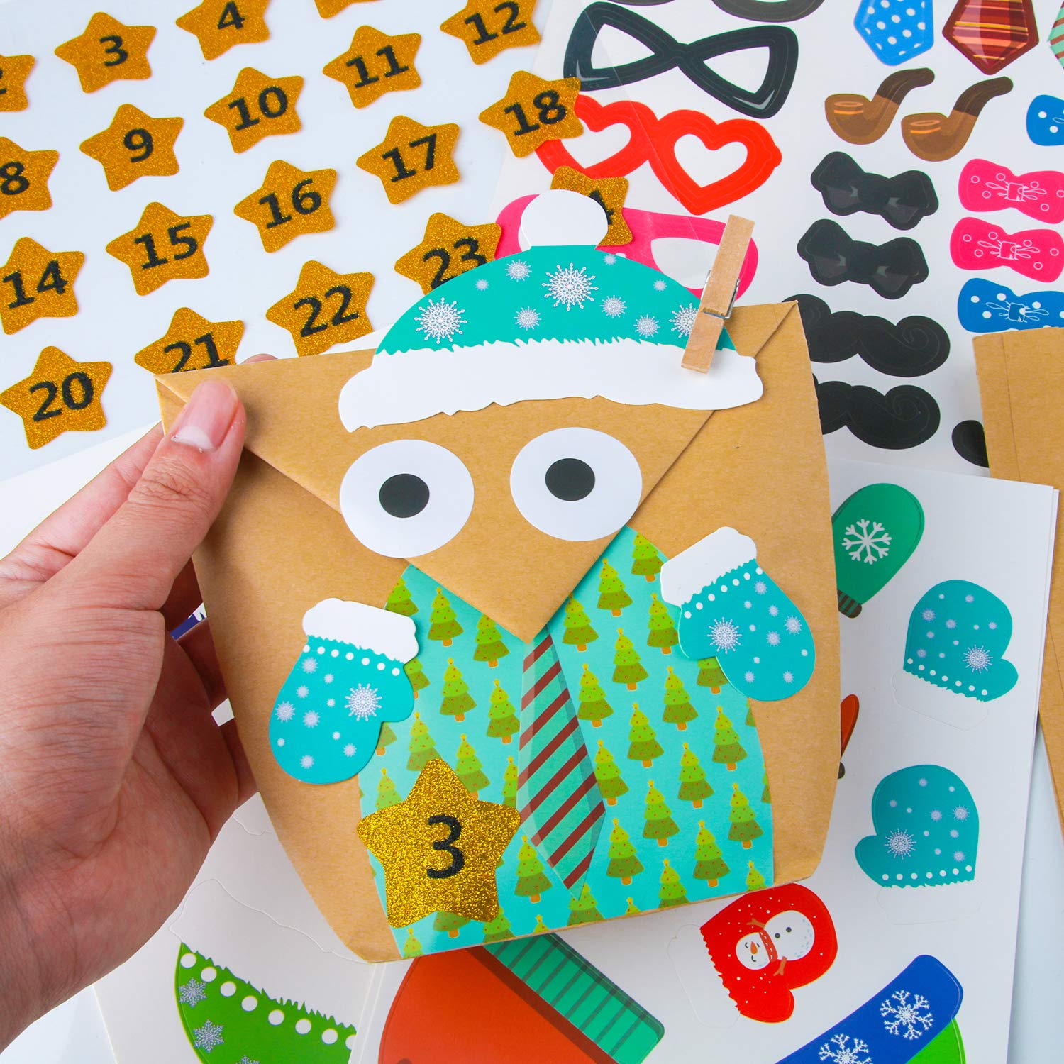 Adventskalender zum Befüllen-24 adventskalender tüten+Adventskalender Zahlen+24 Mini Holzklammern als geschenktüten-Weihnachten zum Basteln und Befüllen