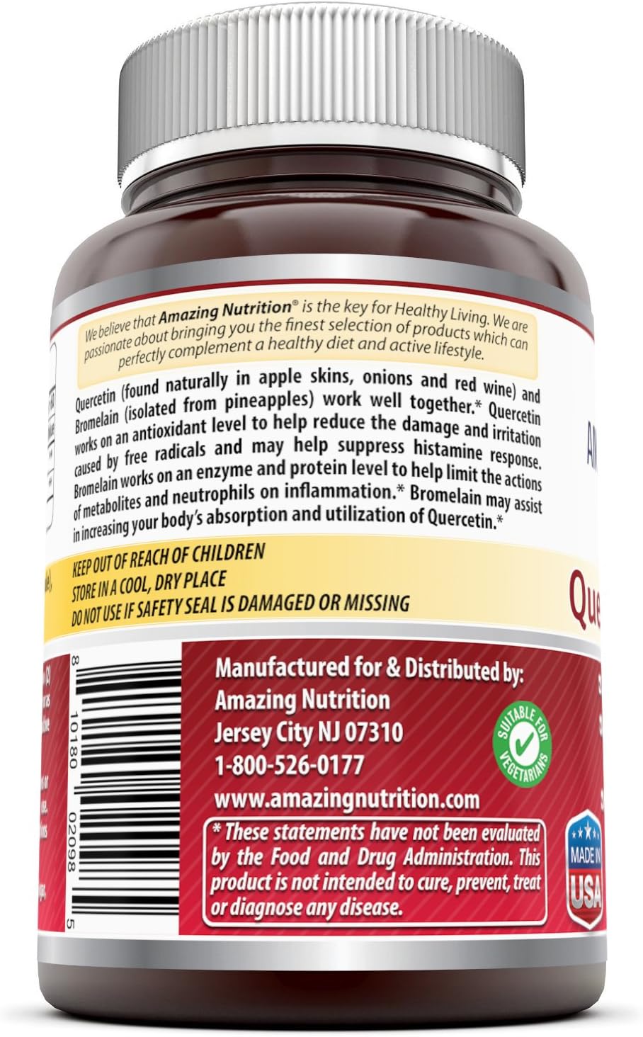 Amazing Nutrition- Quercetin 800 Mg with Bromelain 165 Mg, 120 Vcaps: A Potent Team Providing Amazing Health Benefits. Anti-oxidant and Anti-inflammatory Properties. Supports Heart Health, Joint Health, Energy Production, Respiratory Health, Inflammatory Response and Overall Healthy Well-being!!: Health & Personal Care