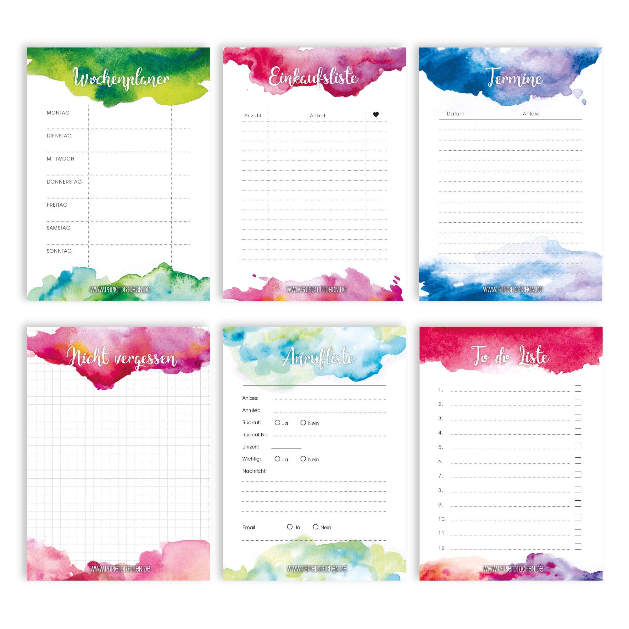 Papierdrachen 6 notepads for appointments, weekly planner, to do list, shopping lists and notes - daily planner and weekly planner watercolour - ideal for school, university and household - notepad