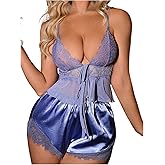 OYOANGLE Women's Satin Pajama Set 2 Piece V Neck Tie Front Lace Sheer Cami Shorts Lingerie Sleepwear