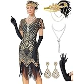 MTITE 1920s Flapper Dresses for Women, Great Gatsby Dresses Roaring 20s, Sheer Beaded Sleeves Costume with 20s accessories
