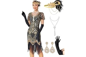 MTITE 1920s Flapper Dresses for Women, Great Gatsby Dresses Roaring 20s, Sheer Beaded Sleeves Costume with 20s accessories