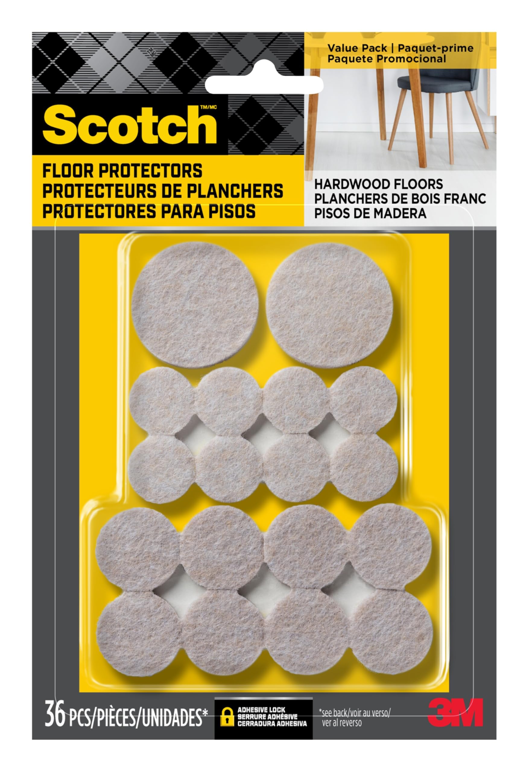 Scotch SP842-NA Brand Felt 3M, for Protecting Hardwood Floors, Beige, Multi-Pack, 16-3/4 in, 16-1 in, 4-1.5 in, Round, Pads Total, 36 Count (Pack of 1)