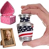 XOMI URNS American Flag Keepsake Cremation Urn, Mini 3 Cu/in Memorial Urn with Photo Frame & Heart-Shaped Pink Box – Patriotic Decorative Token Urn for Ashes – Handcrafted Tribute for Loved Ones
