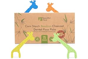BEAUTIFUL MIND Dental Floss Picks for Kids 75 Pack – Unflavored, No Fluoride Oral Tooth Flossers – Biodegradable Flossing Sticks with Charcoal Infused Thread – Giraffe Toothpick for Toddler Teeth – Travel Case Size