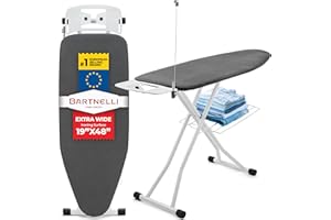 Bartnelli Extra Wide Pro Ironing Board 19x48 Ironing Surface with Iron Rest, Cord Holder, Shelf and 4 Layer Heat Resistant Cover and Pad