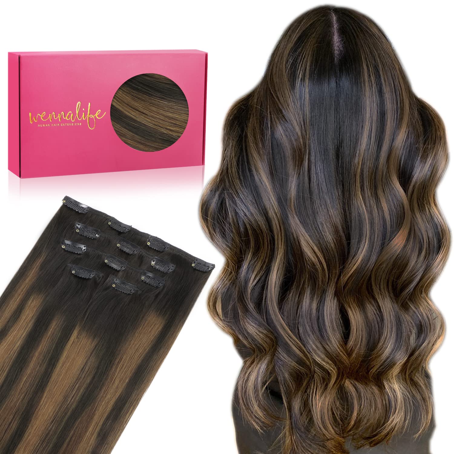 WENNALIFE Clip In Hair Extensions, 14 Inch 75g 5pcs Balayage Dark Brown to Chestnut Brown Hair Extensions Clip In Real Hair Remy Human Hair Extensions Natural Silky Clip In Human Hair Extensions — image 1