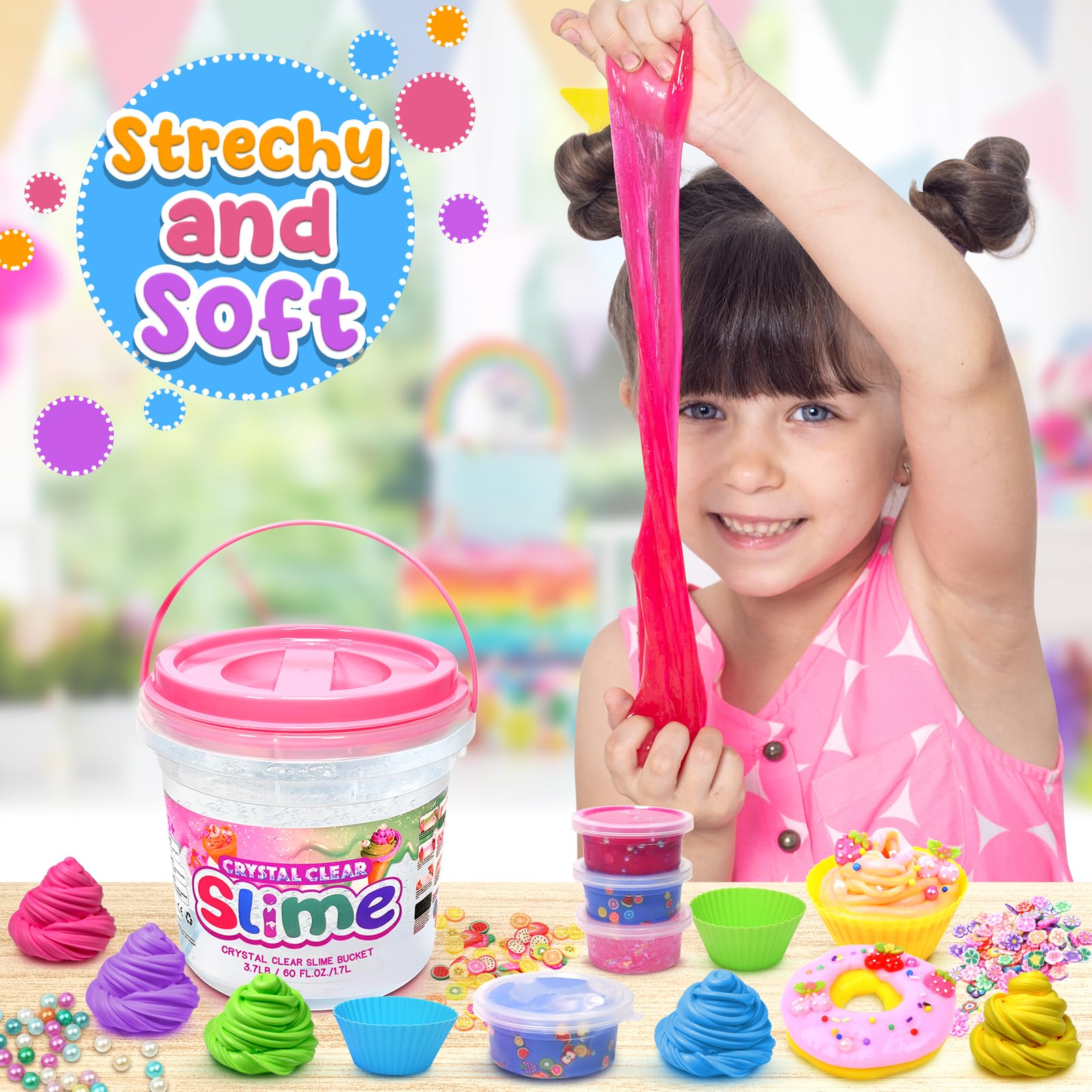 60 FL OZ Clear Slime Kit for Girls with Big Bucket: Slime Making Kits with Premade Slime for Kids DIY - 3.7 LB Crystal Slime with 35 Pack Slime Accessories for Girls Birthday Gifts