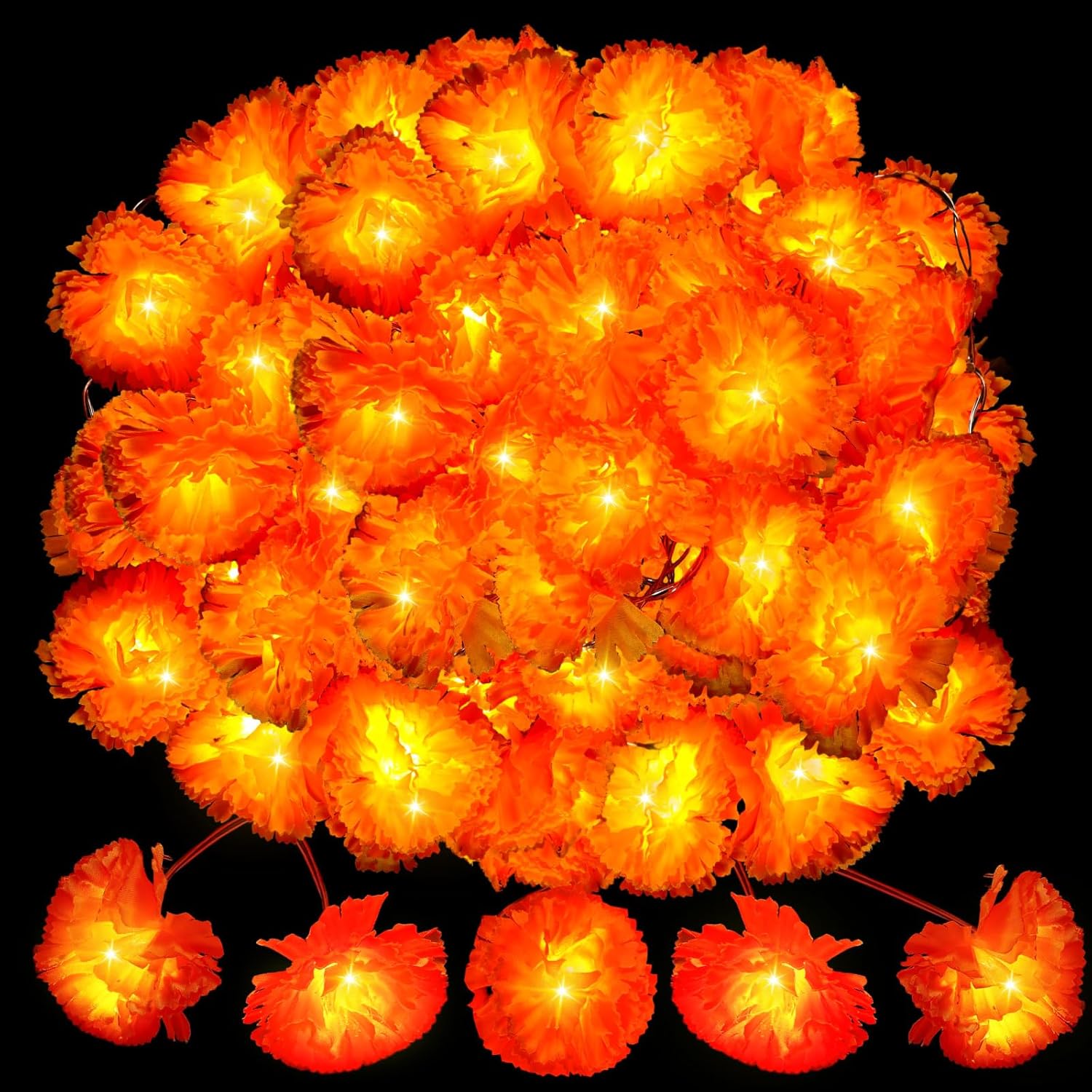 Wreaths, Garlands & Swags - Retisee Marigold Garland Lights 9.8ft 20 LED Artificial Marigold Flowers Home Decor Orange Fairy Curtain Lights Battery Operated for Diwali Day of The Dead Pooja Party Decoration (1 Pack)