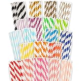 qiqee 200-pack Multi Stripe Rainbow Drinking Paper Straws Disposable Straws Bulk (20-Multi Color)