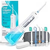Water Flosser Cordless, Portable Oral Irrigator with 5 Tips, 5 Cleaning Modes, 300ML Tank, IPX7 Waterproof, Rechargeable Dental Flosser with Travel Case for Braces & Home Use