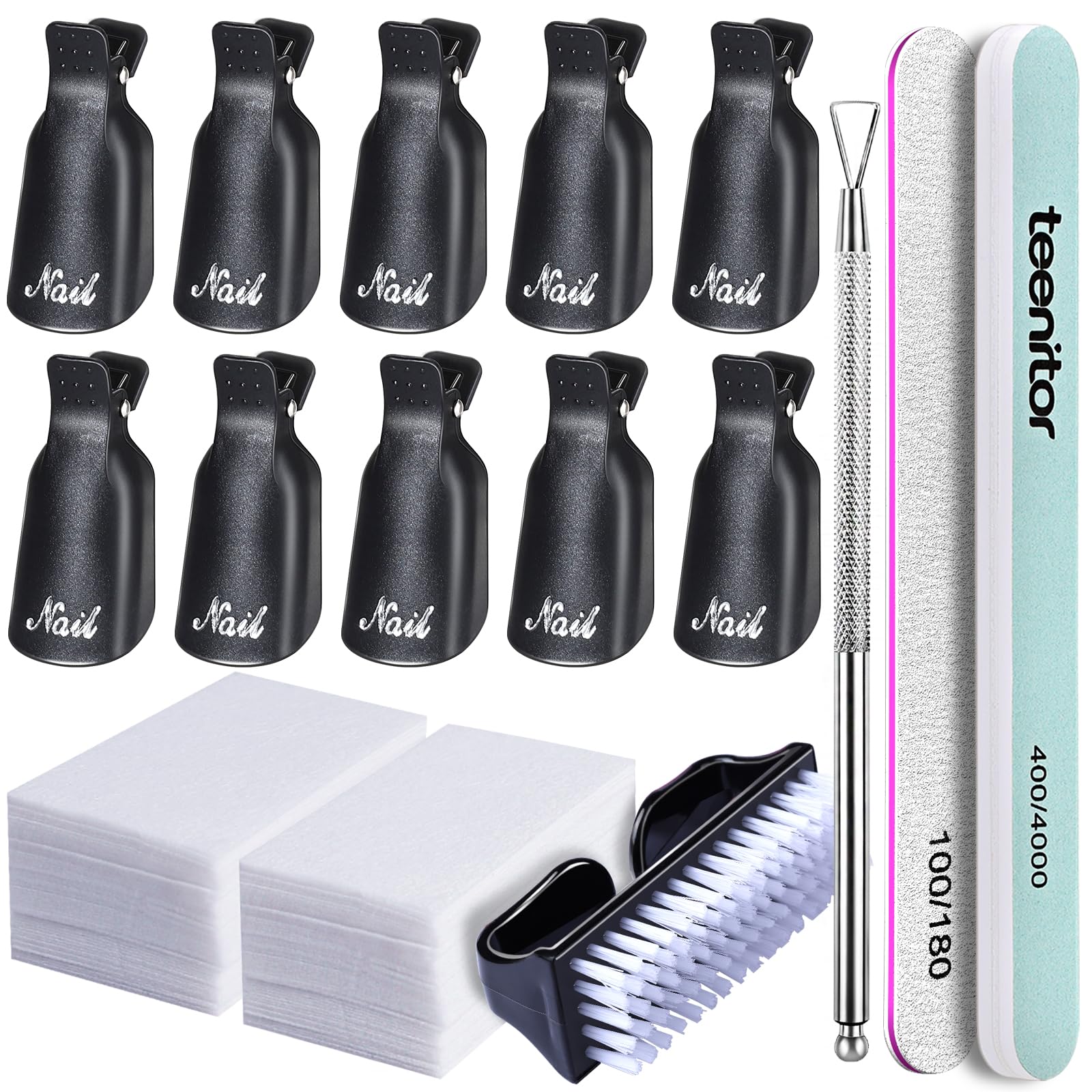 Teenitor Black Acrylic Nail Remover Kit - Gel Nail Polish Remover Kit with Nail Clips & Lint Free Wipes, Soak Off Nail Clips For Removing Gel Polish with Cuticle Pusher Nail File Buffer Block